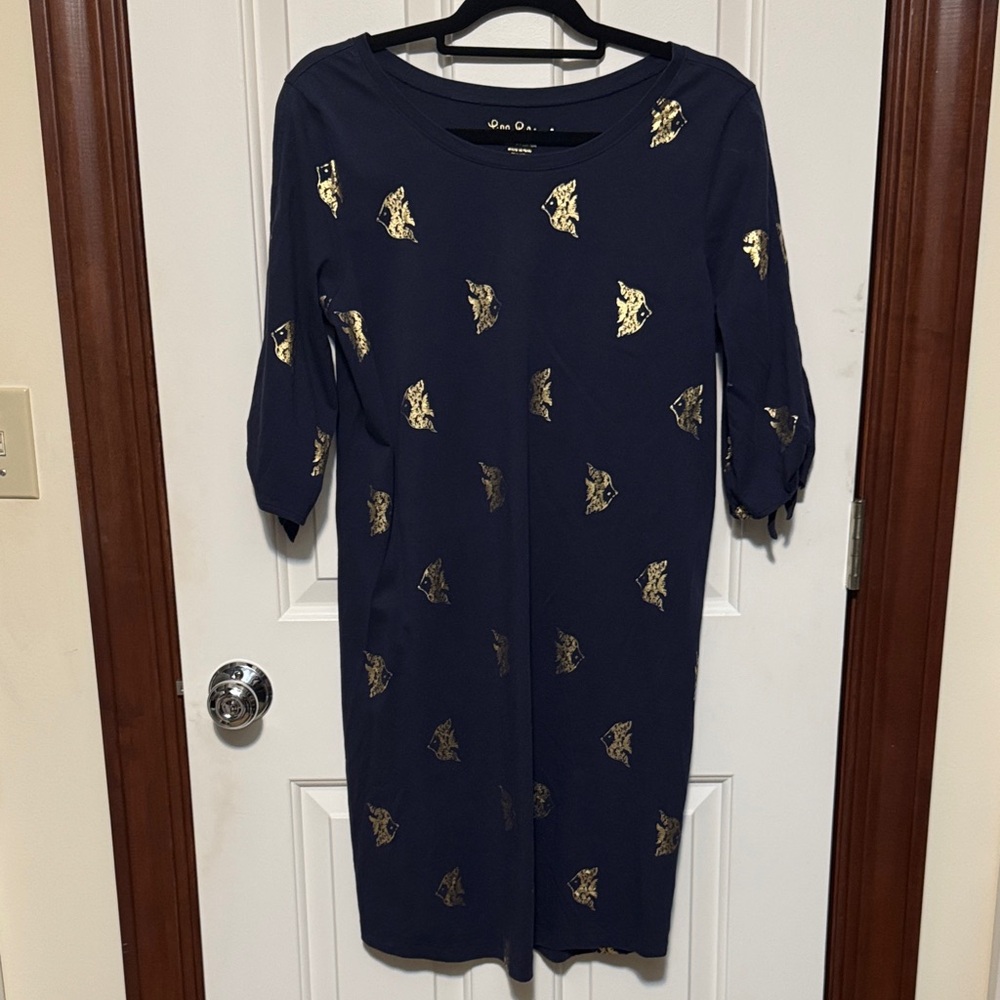 Lilly Pulitzer navy and gold fish print Preston Dress L EUC